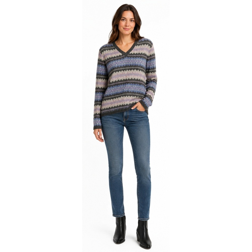 JAY JACOBS‎ 100% Wool Fair Isle Nordic Sweater Women's Large Blue Purple V-Neck
